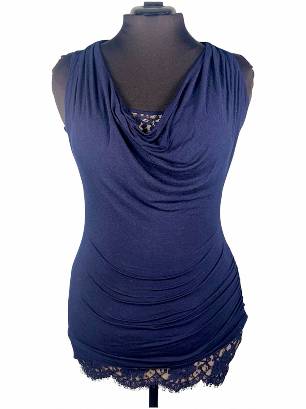 Women’s Navy Blue Bailey44 Asymmetrical Lace Hem Sleeveless Top Size Medium